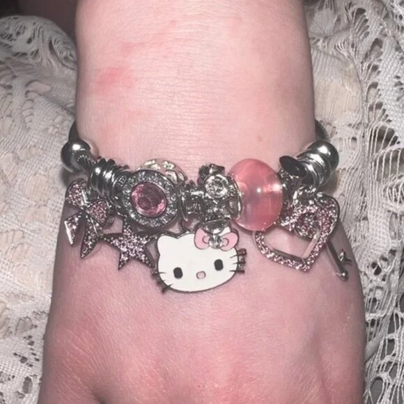 Hello Kitty Charm Bracelet Adjustable Bangle with Dangle Charms Pink & Silver - Picture 5 of 5